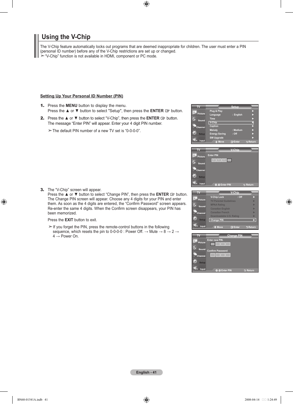 Using the v-chip | Samsung LN22A650A1DXZA User Manual | Page 43 / 121