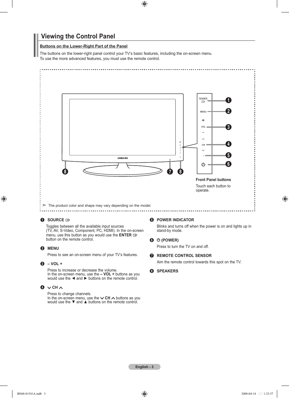 Viewing the control panel | Samsung LN22A650A1DXZA User Manual | Page 5 / 121