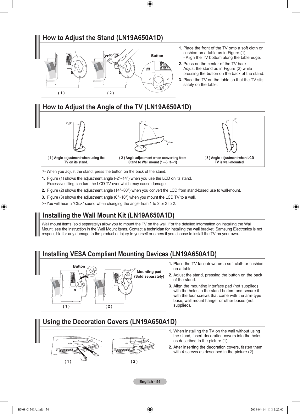 How to adjust the stand (ln19a650a1d), How to adjust the angle of the tv (ln19a650a1d), Installing the wall mount kit (ln19a650a1d) | Using the decoration covers (ln19a650a1d) | Samsung LN22A650A1DXZA User Manual | Page 56 / 121