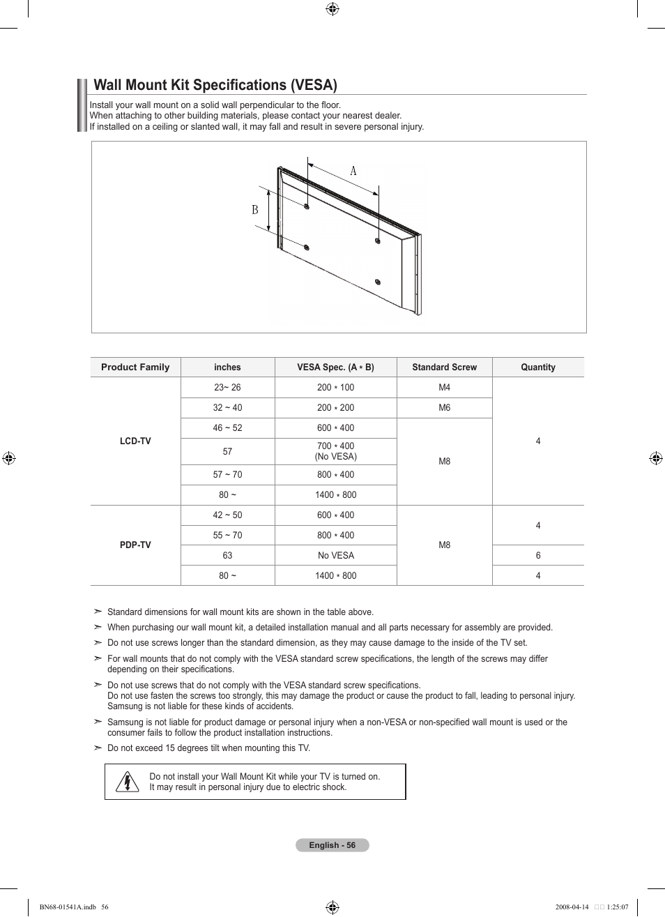 Wall mount kit specifications (vesa) | Samsung LN22A650A1DXZA User Manual | Page 58 / 121