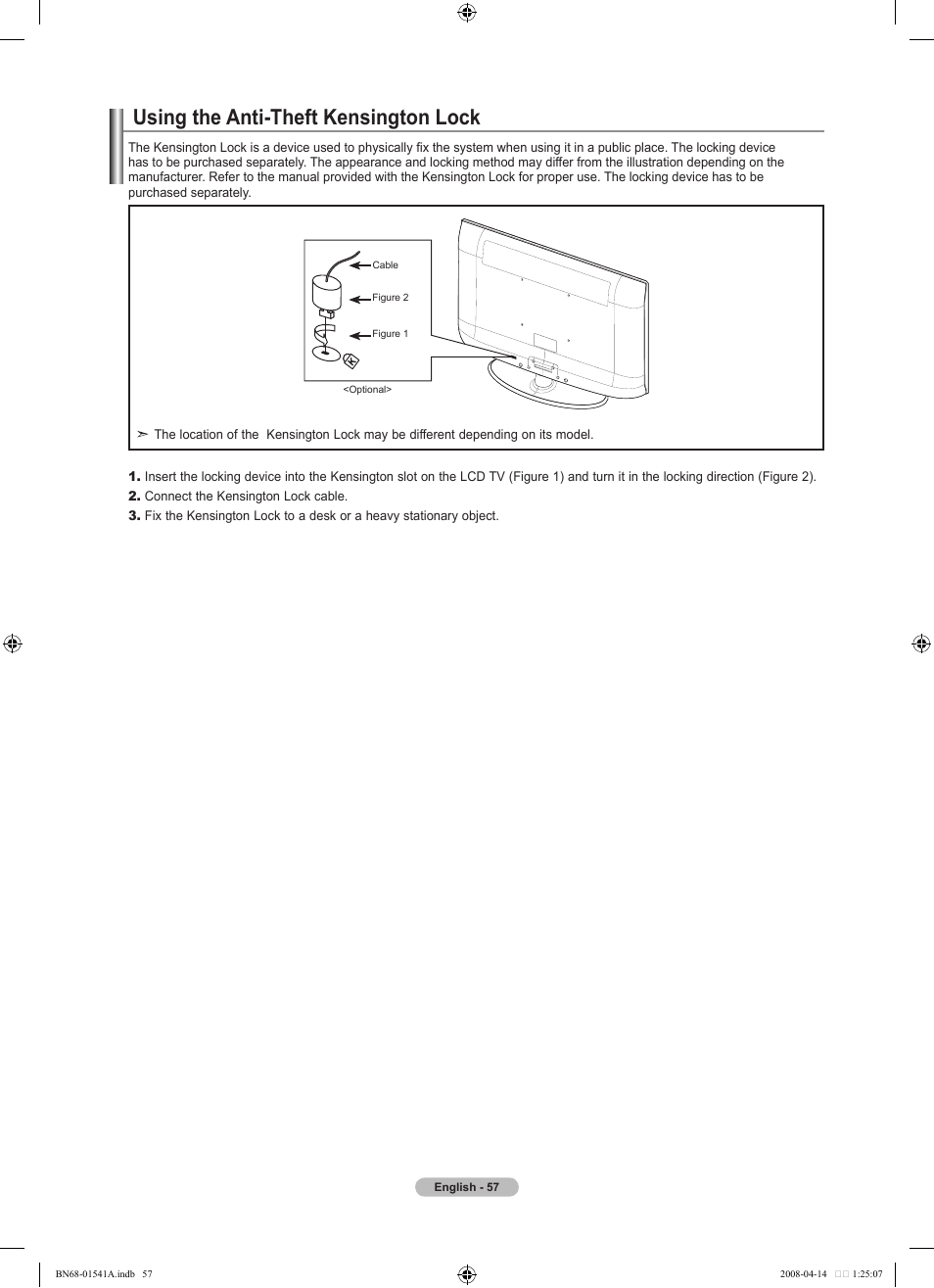 Using the anti-theft kensington lock | Samsung LN22A650A1DXZA User Manual | Page 59 / 121