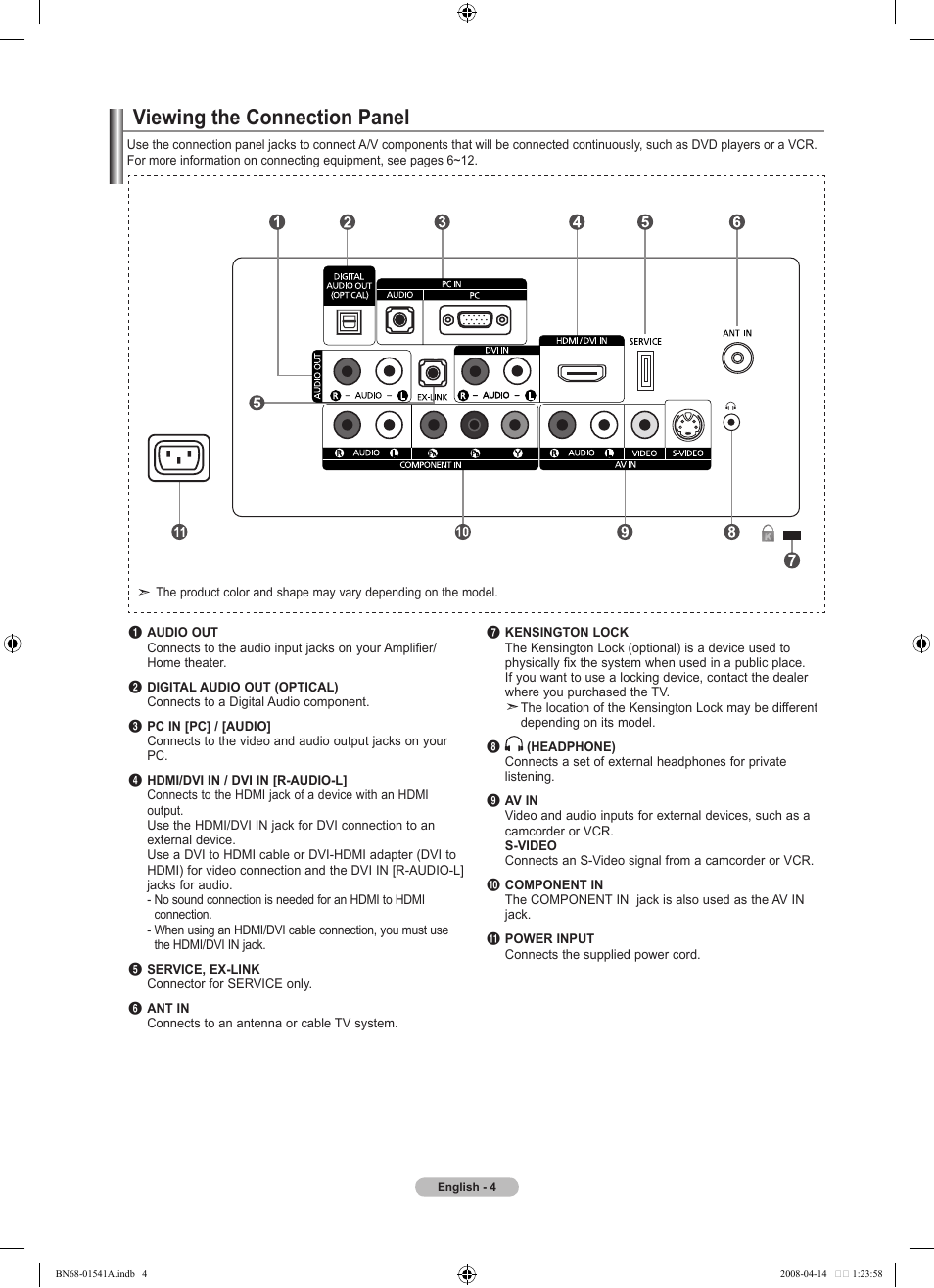 Viewing the connection panel | Samsung LN22A650A1DXZA User Manual | Page 6 / 121
