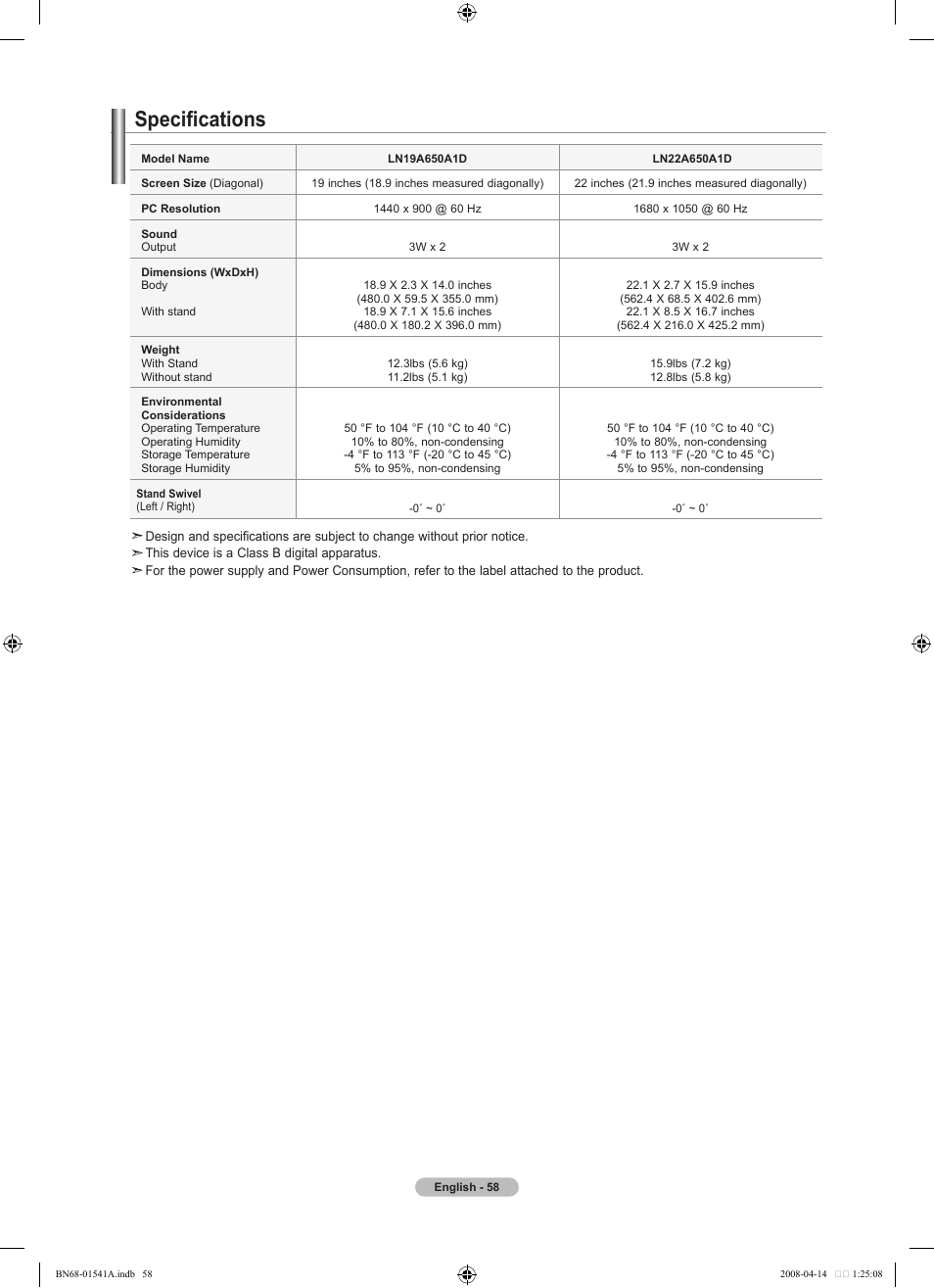 Specifications | Samsung LN22A650A1DXZA User Manual | Page 60 / 121