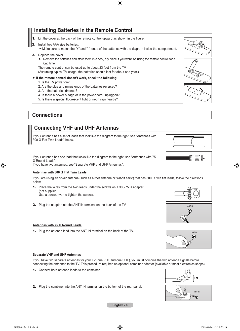 Installing batteries in the remote control, Connections, Connecting vhf and uhf antennas | Samsung LN22A650A1DXZA User Manual | Page 8 / 121