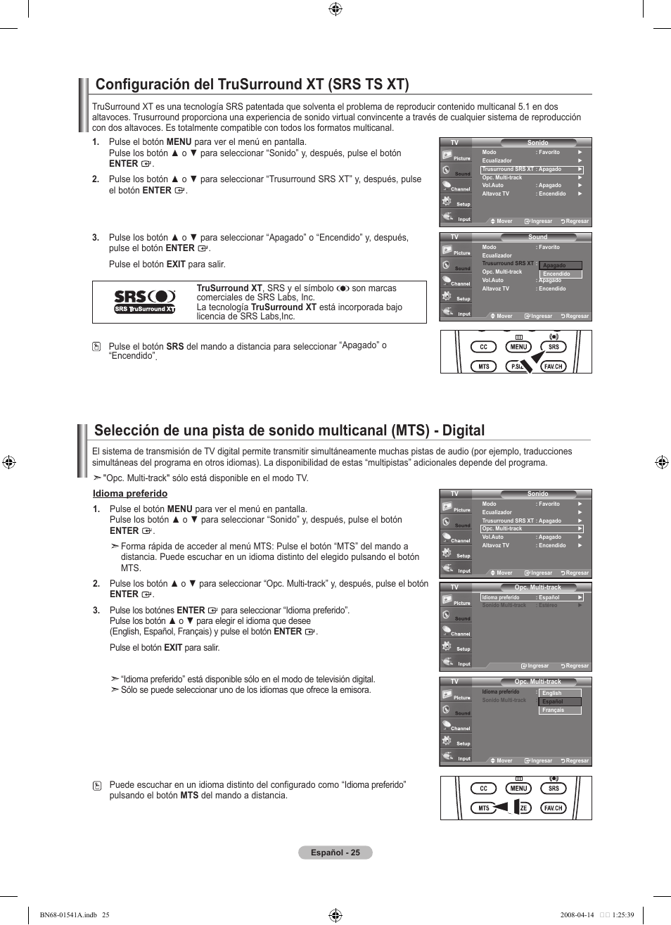 Configuración del trusurround xt (srs ts xt) | Samsung LN22A650A1DXZA User Manual | Page 87 / 121