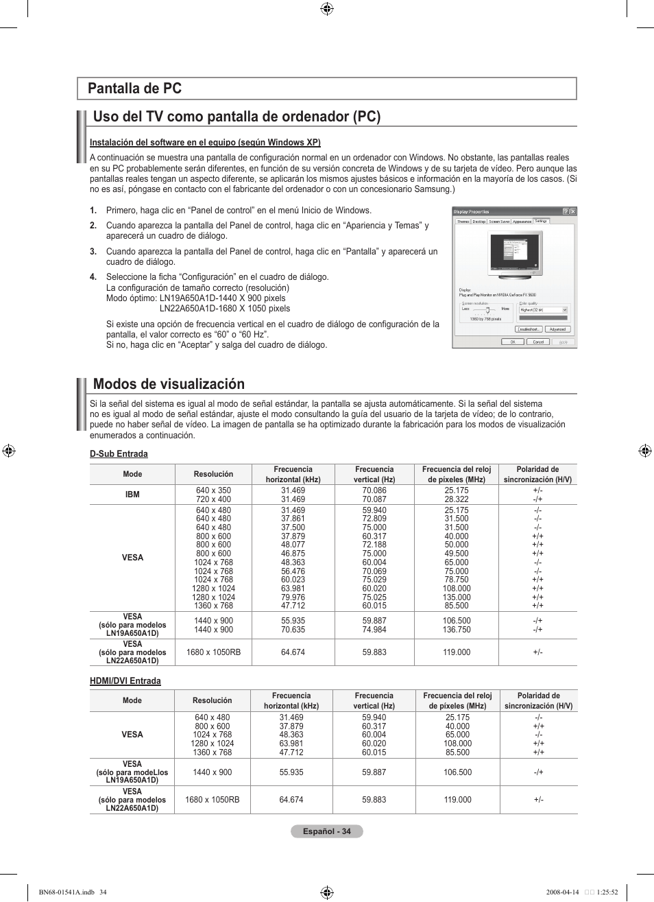 Uso del tv como pantalla de ordenador (pc), Modos de visualización pantalla de pc | Samsung LN22A650A1DXZA User Manual | Page 96 / 121