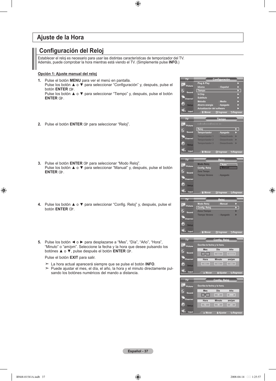 Configuración del reloj, Ajuste de la hora | Samsung LN22A650A1DXZA User Manual | Page 99 / 121