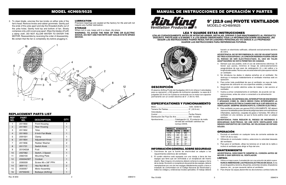 9" (22.9 cm) pivote ventilador, Manual de instrucciones de operación y partes, Replacement parts list | Descripción, Lea y guarde estas instrucciones, Especificationes y funcionamiento | Air King 4CH69/9525 User Manual | Page 2 / 2