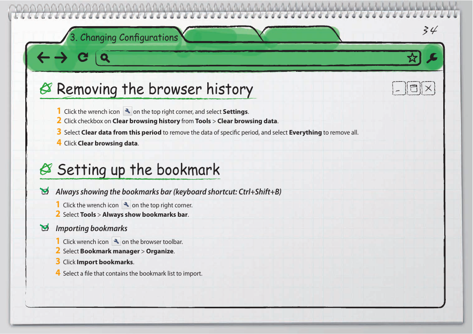 Removing the browser history, Setting up the bookmark | Samsung XE500C21-H01US User Manual | Page 34 / 41