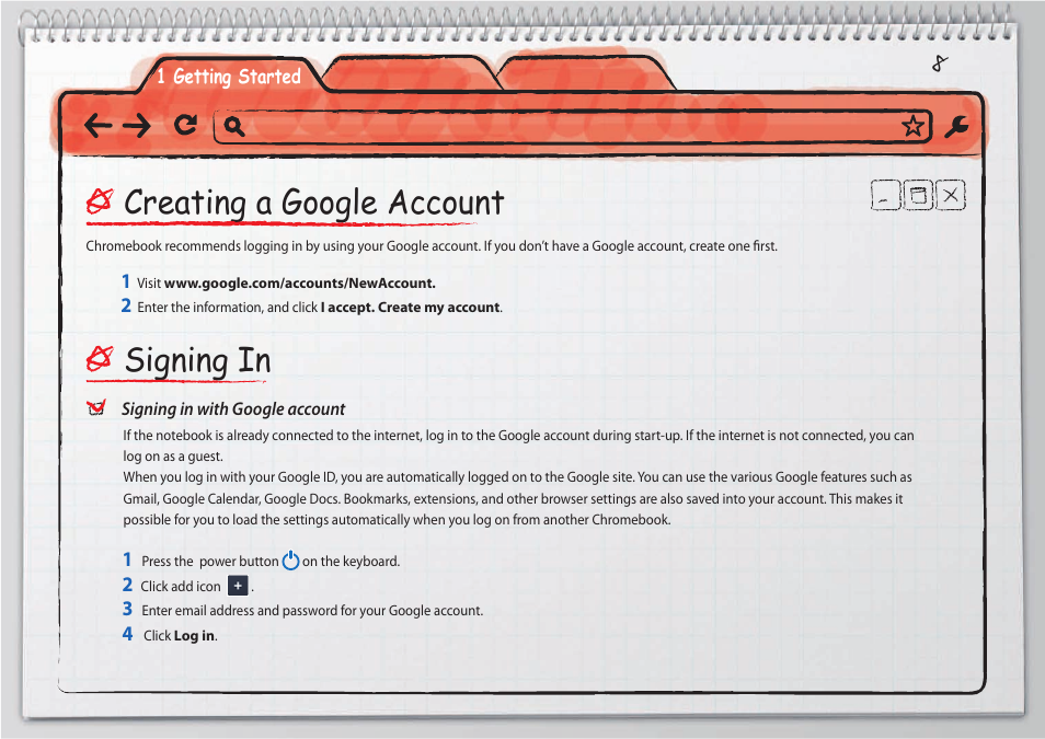 Creating a google account, Signing in | Samsung XE500C21-H01US User Manual | Page 8 / 41