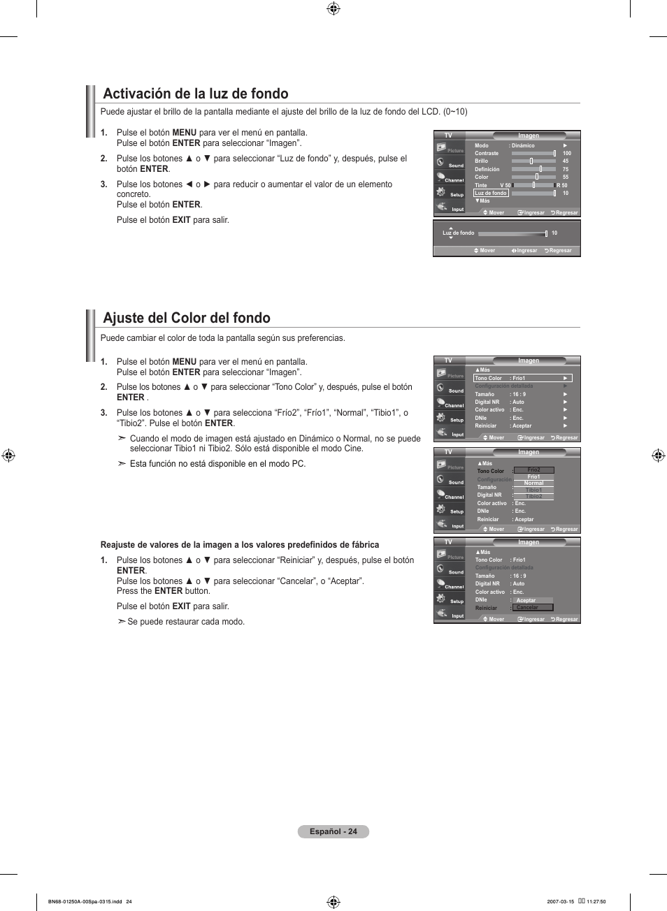 Ajuste del color del fondo, Activación de la luz de fondo | Samsung LNT4032HX-XAA User Manual | Page 102 / 147
