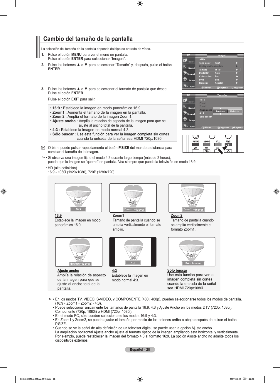 Cambio del tamaño de la pantalla | Samsung LNT4032HX-XAA User Manual | Page 106 / 147
