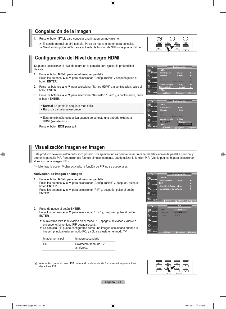 Congelación de la imagen, Configuración del nivel de negro hdmi, Visualización imagen en imagen | Samsung LNT4032HX-XAA User Manual | Page 108 / 147