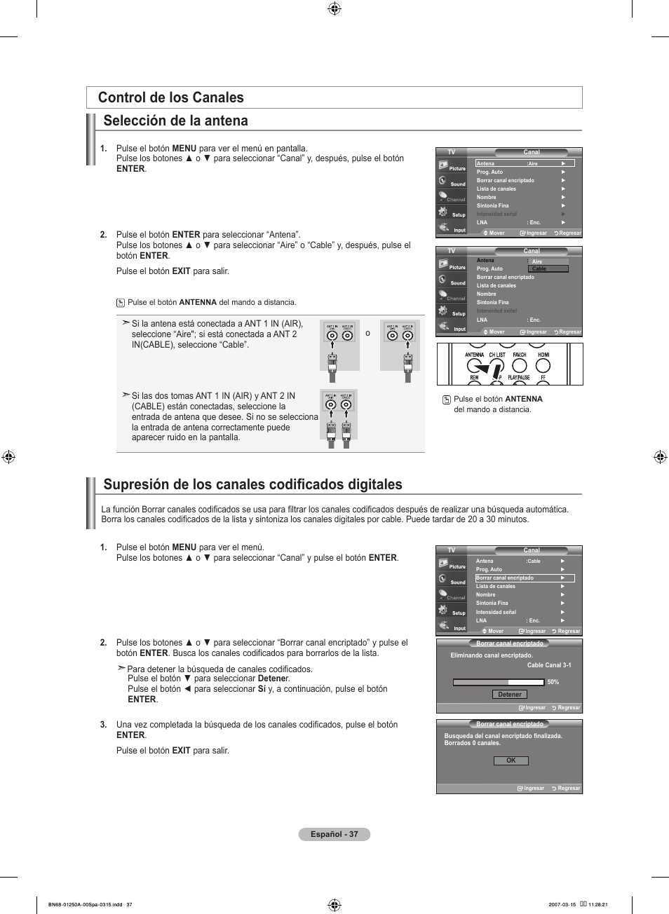 Control de los canales selección de la antena, Supresión de los canales codificados digitales | Samsung LNT4032HX-XAA User Manual | Page 115 / 147