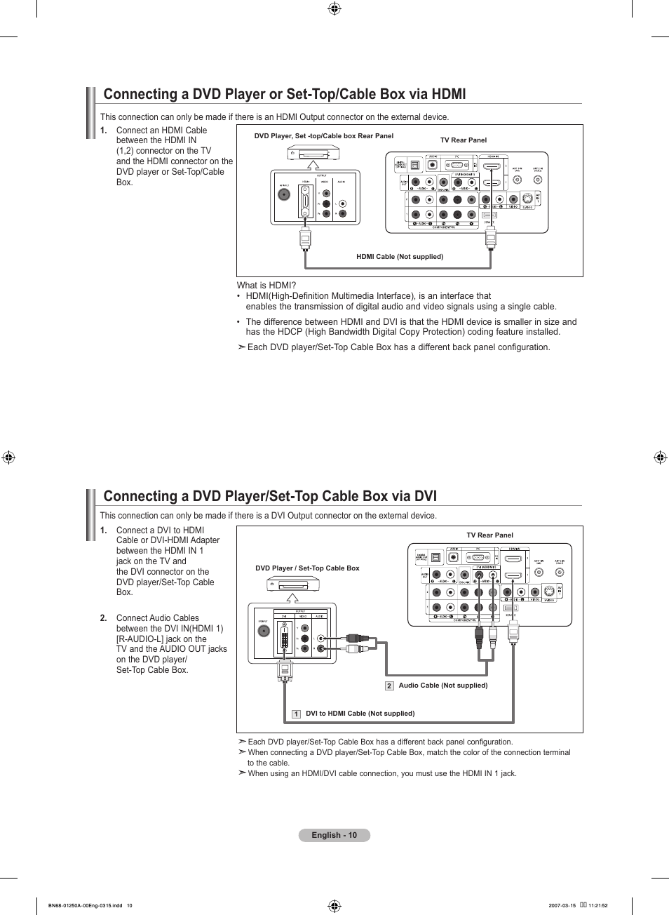 Connecting a dvd player/set-top cable box via dvi | Samsung LNT4032HX-XAA User Manual | Page 12 / 147