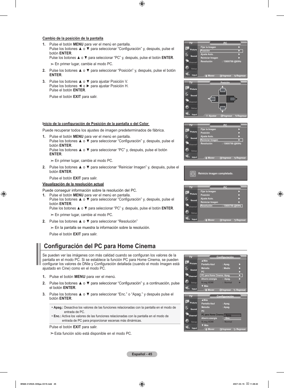 Configuración del pc para home cinema | Samsung LNT4032HX-XAA User Manual | Page 123 / 147