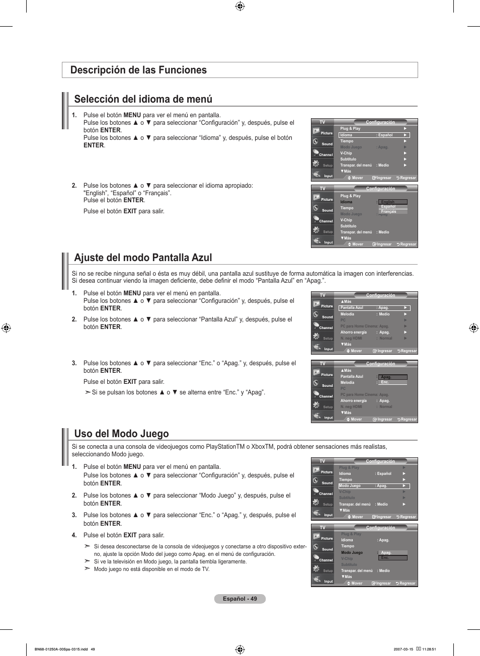 Ajuste del modo pantalla azul, Selección del idioma de menú, Descripción de las funciones | Uso del modo juego | Samsung LNT4032HX-XAA User Manual | Page 127 / 147