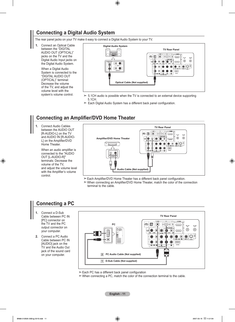 Connecting a digital audio system, Connecting an amplifier/dvd home theater, Connecting a pc | Samsung LNT4032HX-XAA User Manual | Page 13 / 147