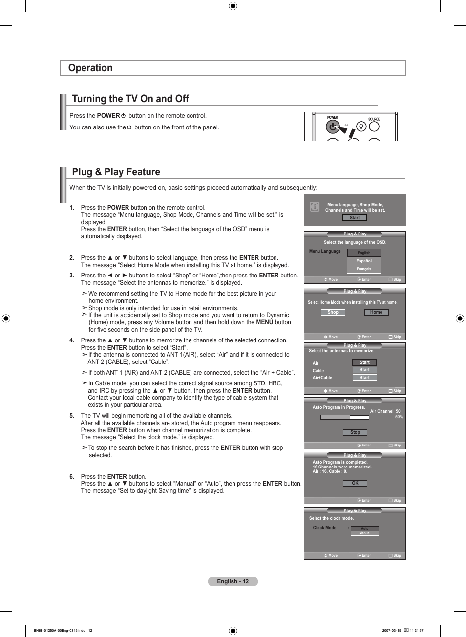 Operation, Turning the tv on and off, Plug & play feature | Samsung LNT4032HX-XAA User Manual | Page 14 / 147