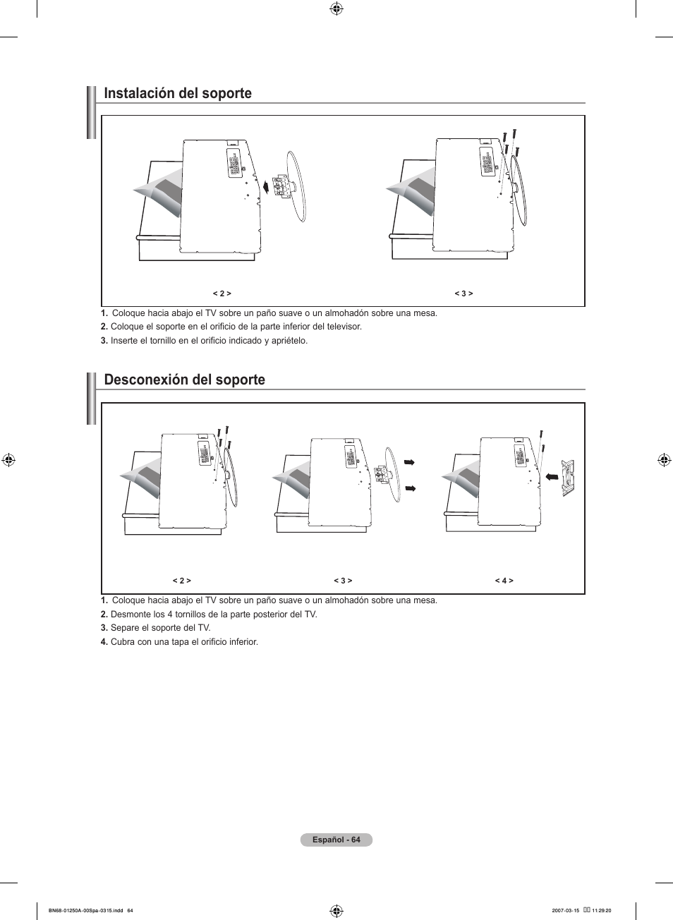 Instalación del soporte, Desconexión del soporte | Samsung LNT4032HX-XAA User Manual | Page 142 / 147