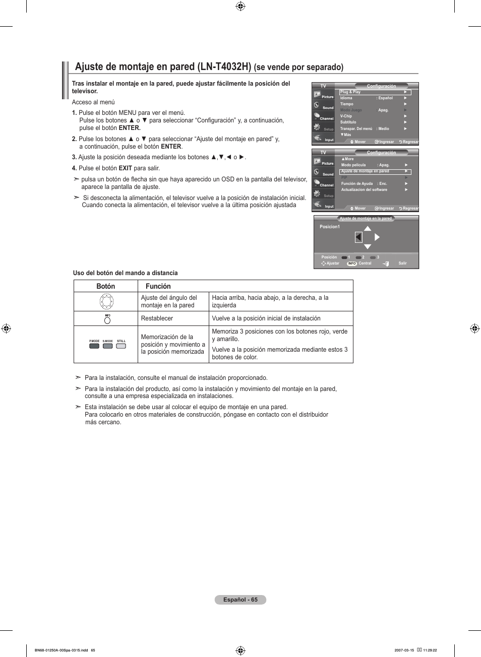 Ajuste de montaje en pared (ln-t0h), Se vende por separado), Botón función | Samsung LNT4032HX-XAA User Manual | Page 143 / 147