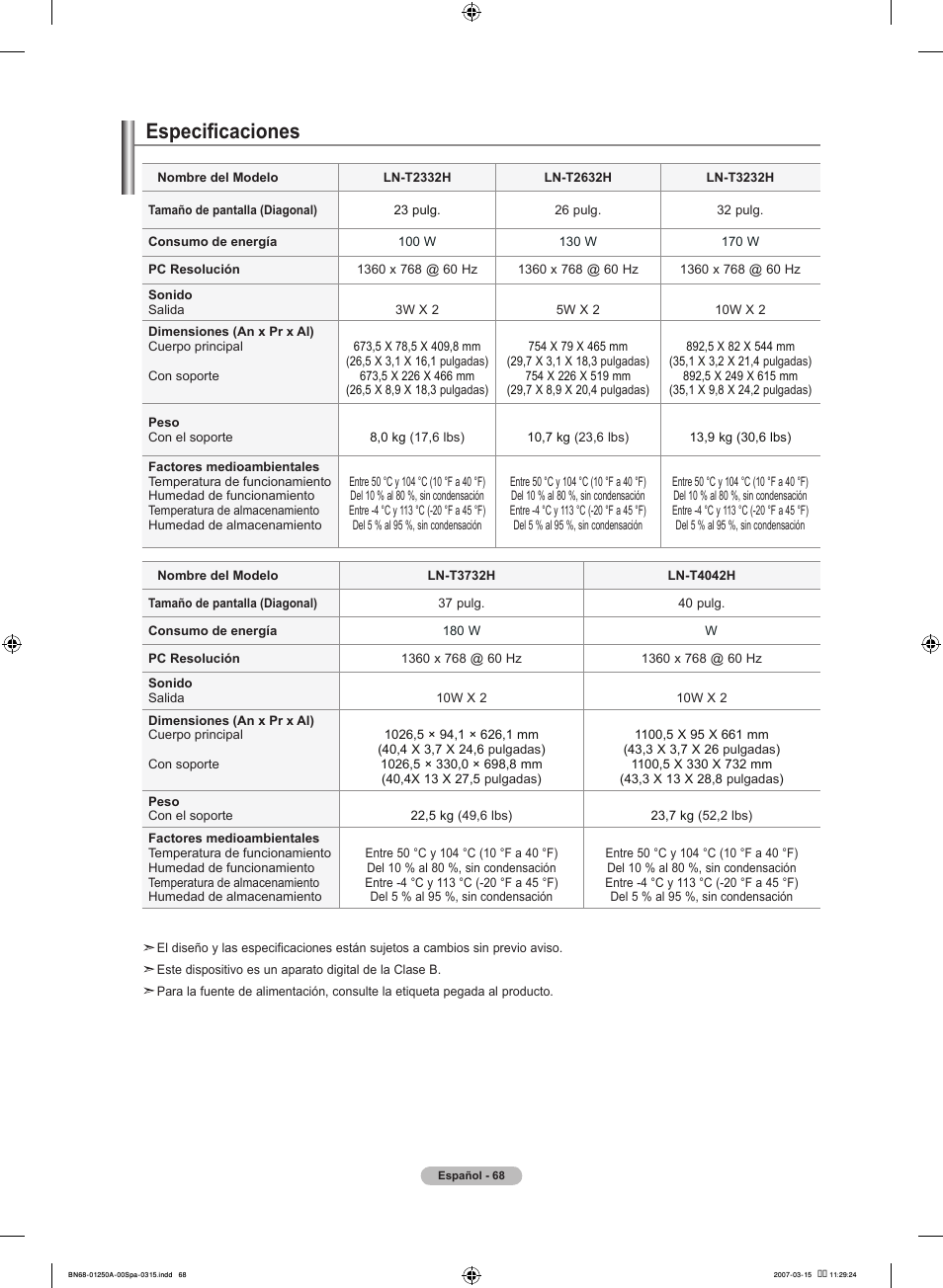 Especificaciones | Samsung LNT4032HX-XAA User Manual | Page 146 / 147