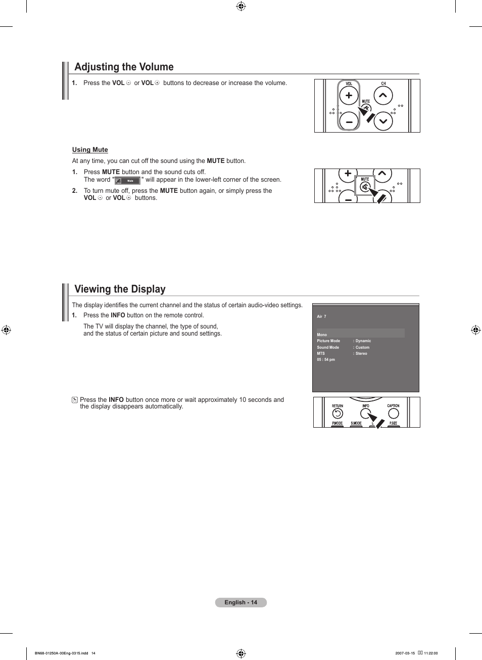 Adjusting the volume, Viewing the display | Samsung LNT4032HX-XAA User Manual | Page 16 / 147