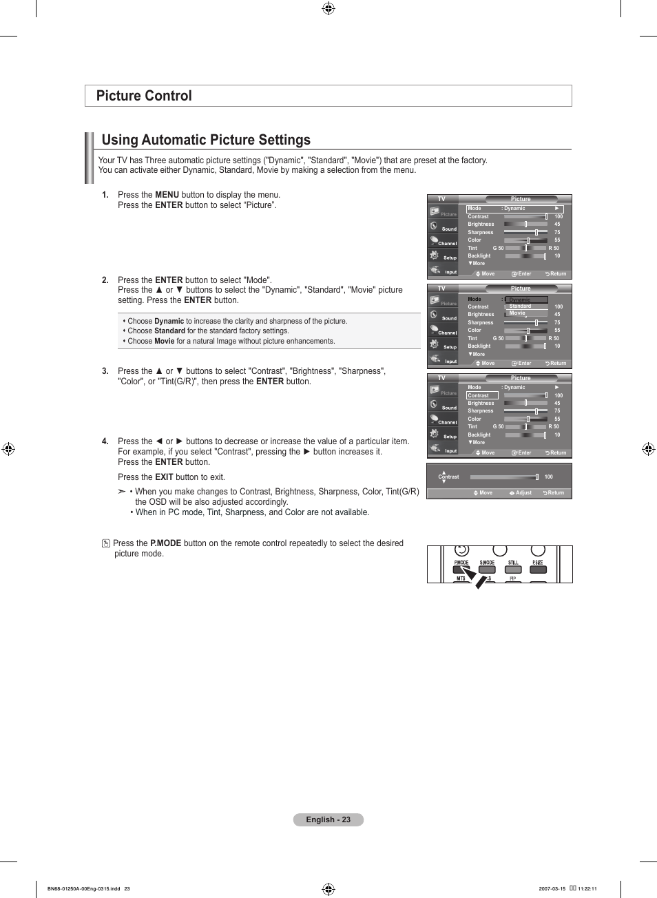 Picture control, Using automatic picture settings | Samsung LNT4032HX-XAA User Manual | Page 25 / 147