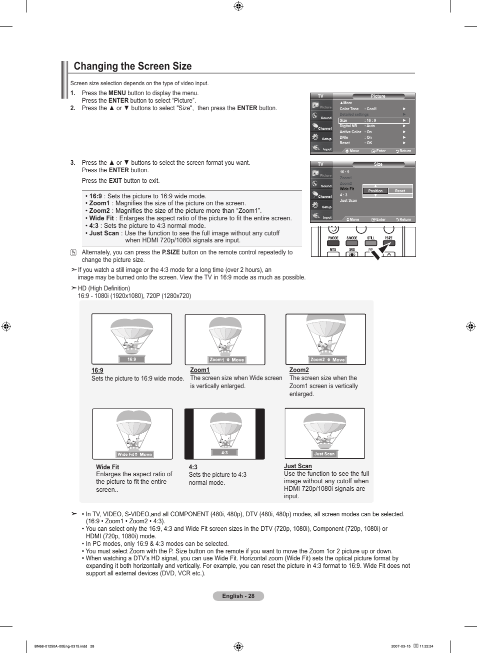Changing the screen size | Samsung LNT4032HX-XAA User Manual | Page 30 / 147