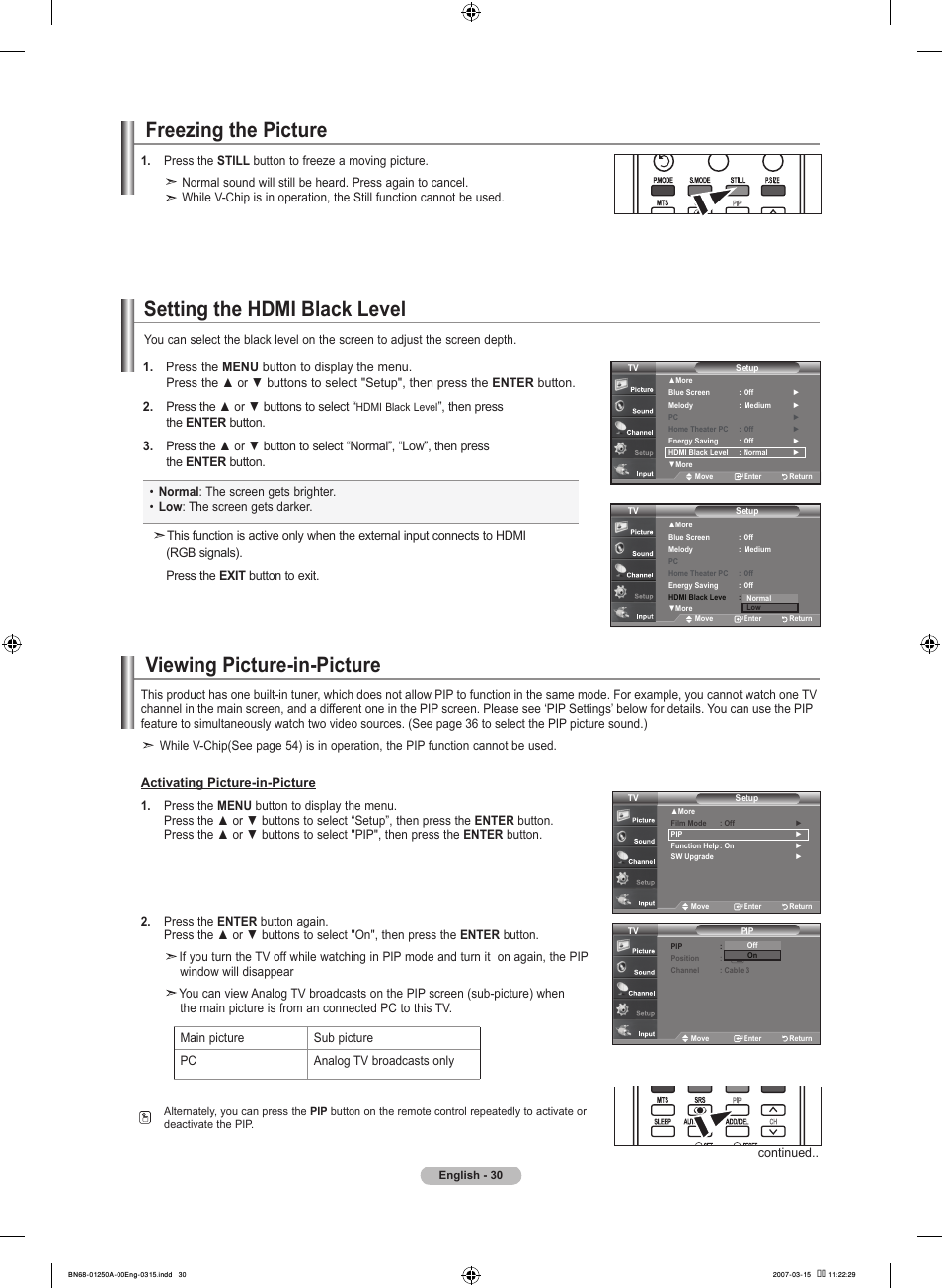 Freezing the picture, Setting the hdmi black level, Viewing picture-in-picture | Samsung LNT4032HX-XAA User Manual | Page 32 / 147