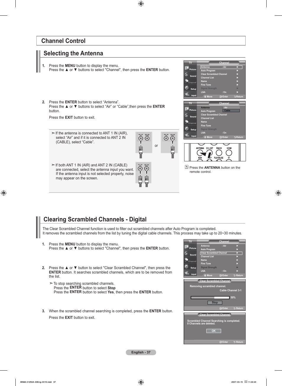 Channel control, Selecting the antenna, Clearing scrambled channels - digital | Channel control selecting the antenna | Samsung LNT4032HX-XAA User Manual | Page 39 / 147