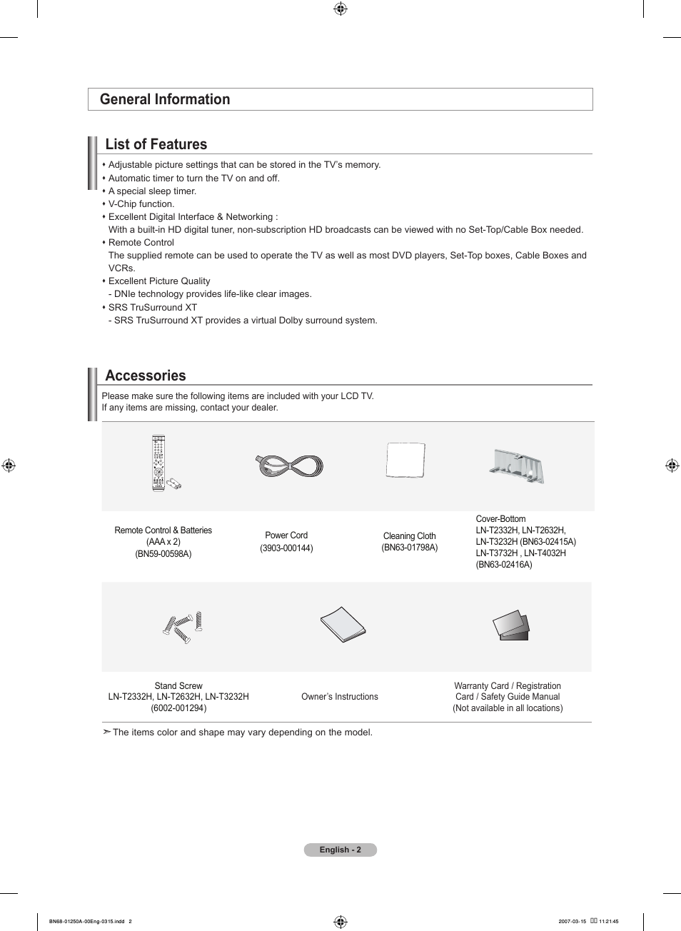 General information, List of features, Accessories | General information list of features | Samsung LNT4032HX-XAA User Manual | Page 4 / 147
