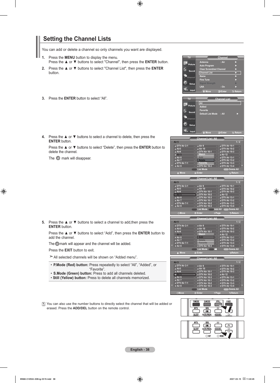 Setting the channel lists | Samsung LNT4032HX-XAA User Manual | Page 40 / 147