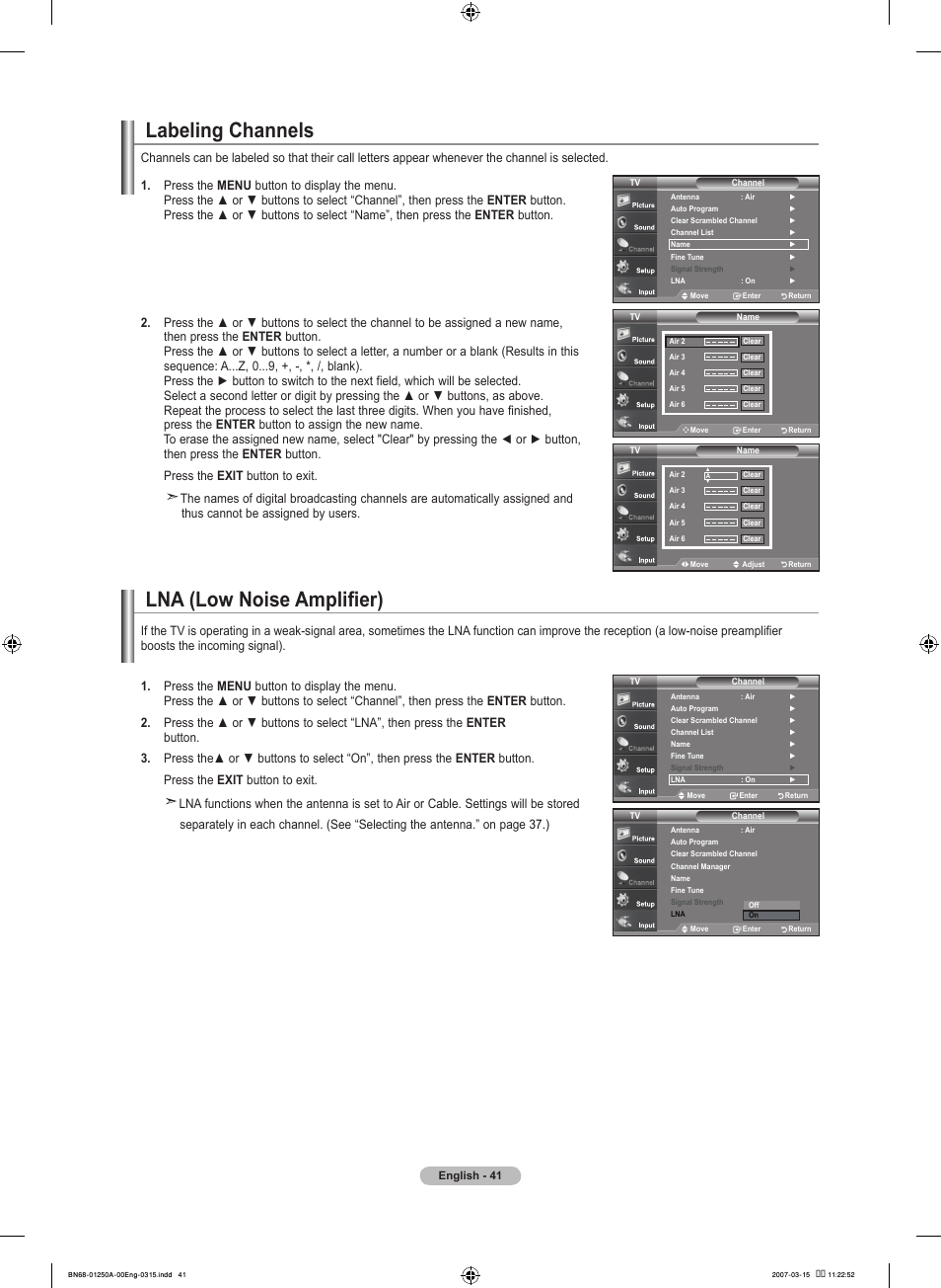 Labeling channels, Lna (low noise amplifier) | Samsung LNT4032HX-XAA User Manual | Page 43 / 147