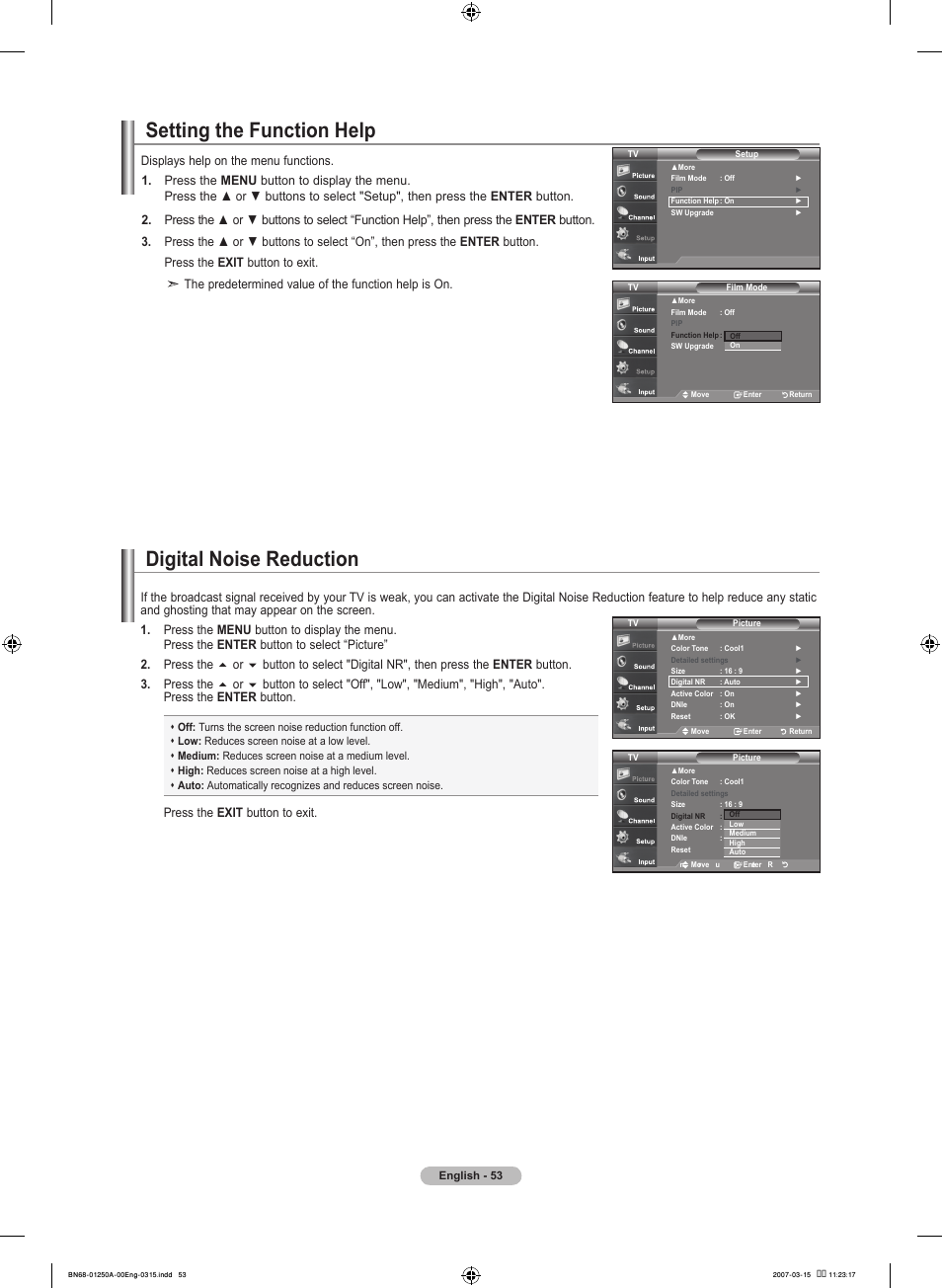 Setting the function help, Digital noise reduction, Press the exit button to exit | Samsung LNT4032HX-XAA User Manual | Page 55 / 147