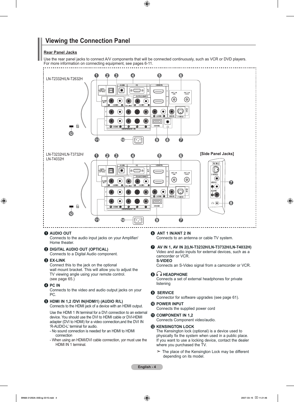 Viewing the connection panel | Samsung LNT4032HX-XAA User Manual | Page 6 / 147