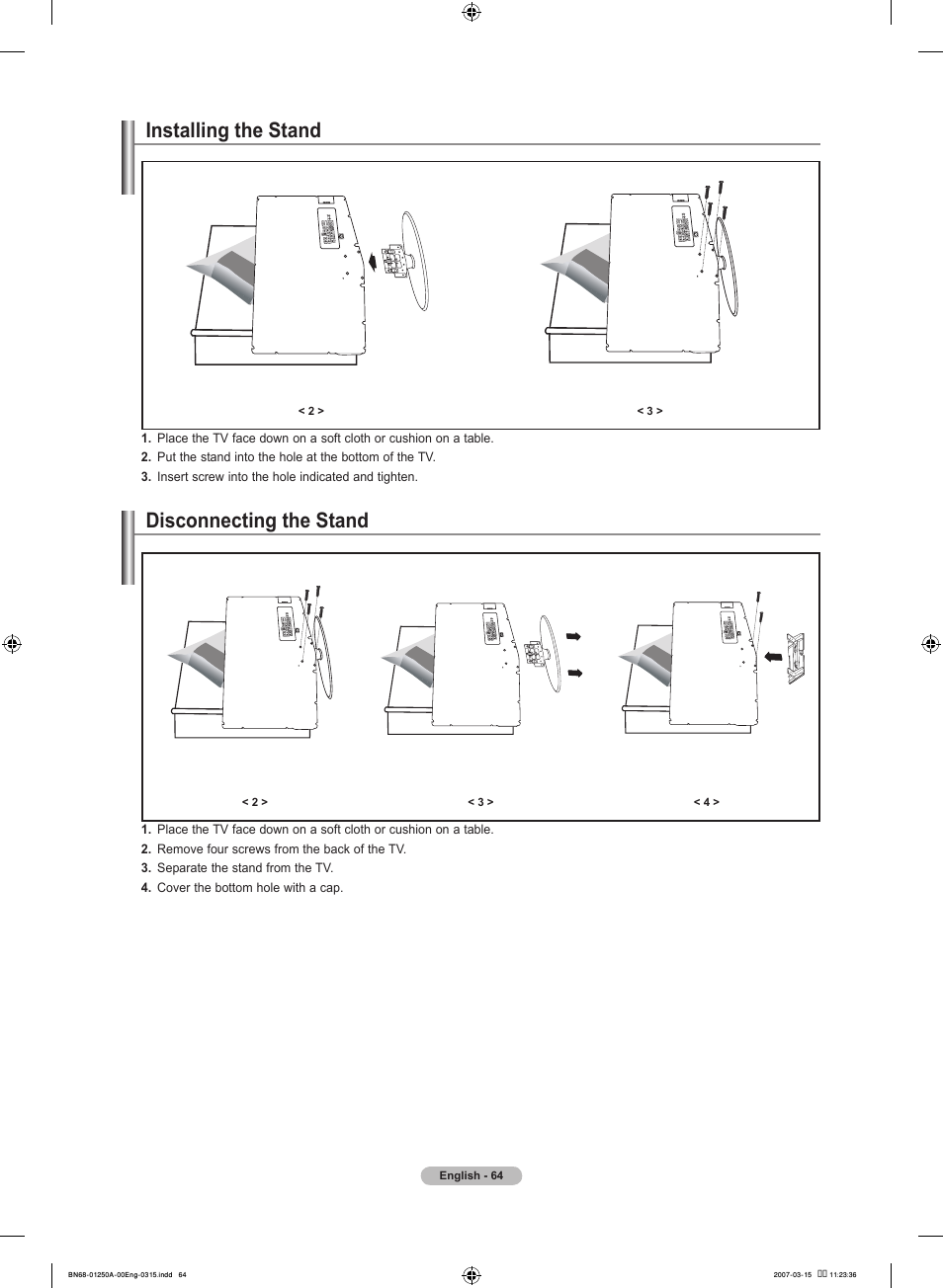 Installing the stand, Disconnecting the stand | Samsung LNT4032HX-XAA User Manual | Page 66 / 147