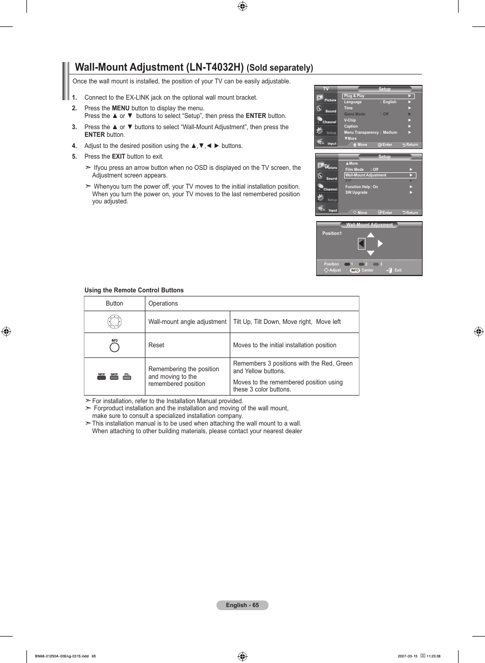 Wall-mount adjustment (ln-t0h), Sold separately) | Samsung LNT4032HX-XAA User Manual | Page 67 / 147
