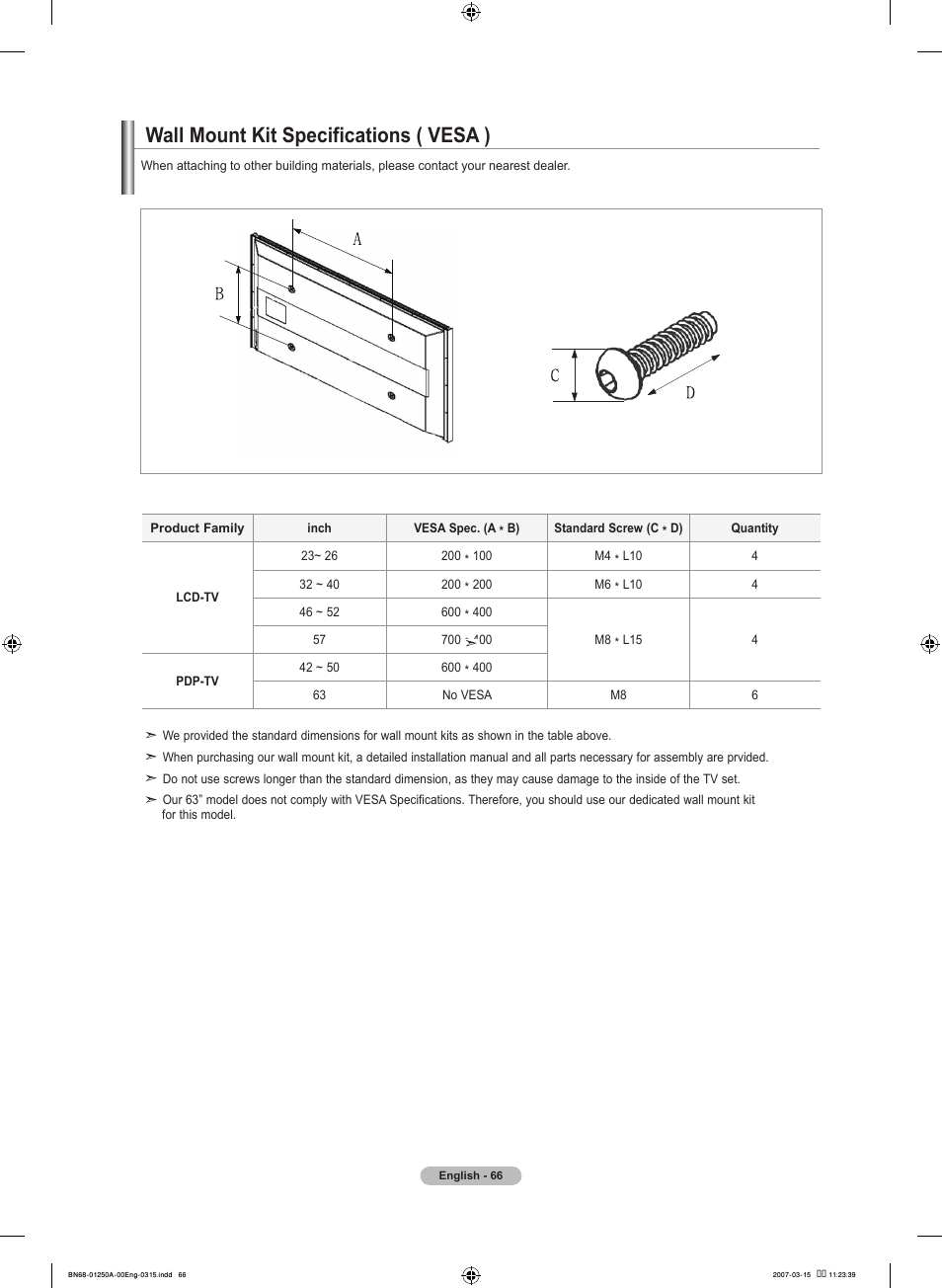 Wall mount kit specifications ( vesa ) | Samsung LNT4032HX-XAA User Manual | Page 68 / 147