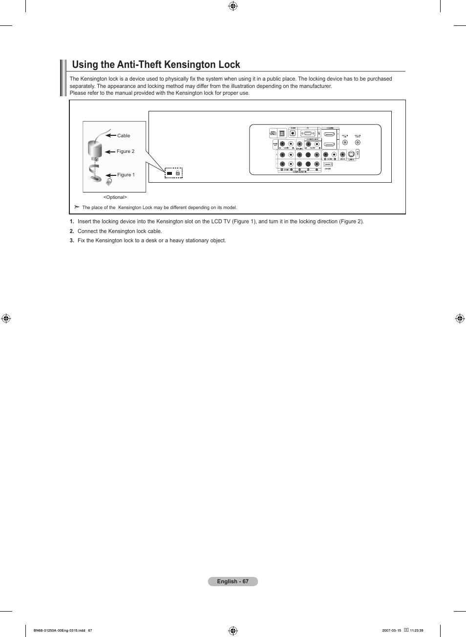 Using the anti-theft kensington lock | Samsung LNT4032HX-XAA User Manual | Page 69 / 147