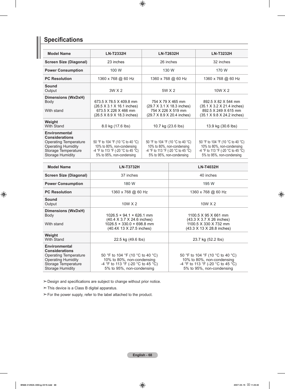 Specifications | Samsung LNT4032HX-XAA User Manual | Page 70 / 147