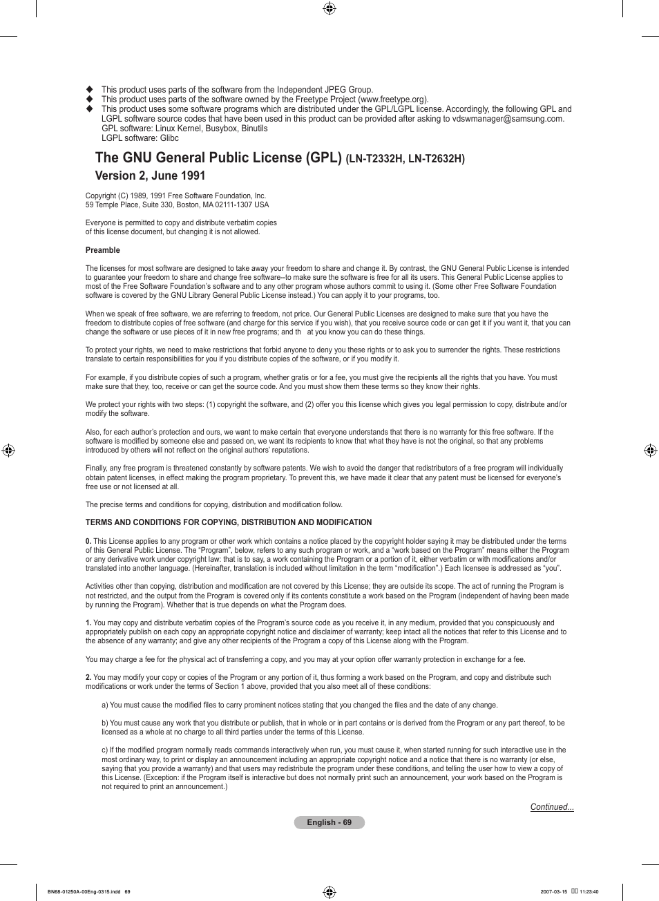 The gnu general public license (gpl), Version , june, Ln-th, ln-th) | Samsung LNT4032HX-XAA User Manual | Page 71 / 147
