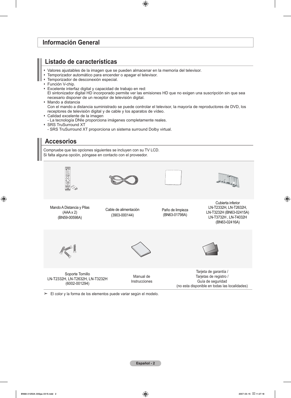Accesorios, Información general listado de características | Samsung LNT4032HX-XAA User Manual | Page 80 / 147