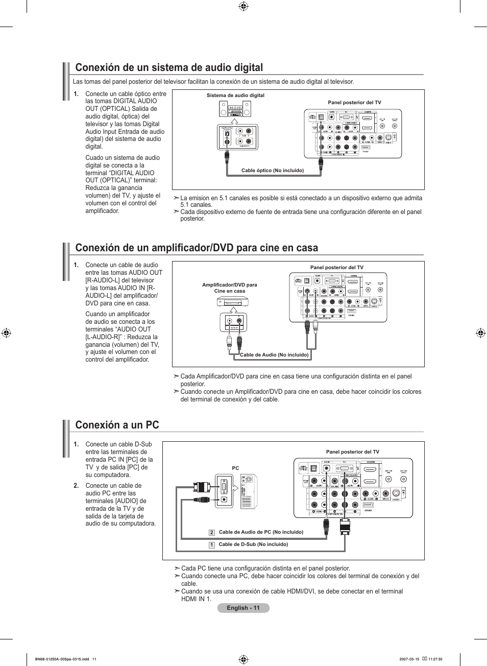 Conexión de un amplificador/dvd para cine en casa, Conexión de un sistema de audio digital, Conexión a un pc | Samsung LNT4032HX-XAA User Manual | Page 89 / 147