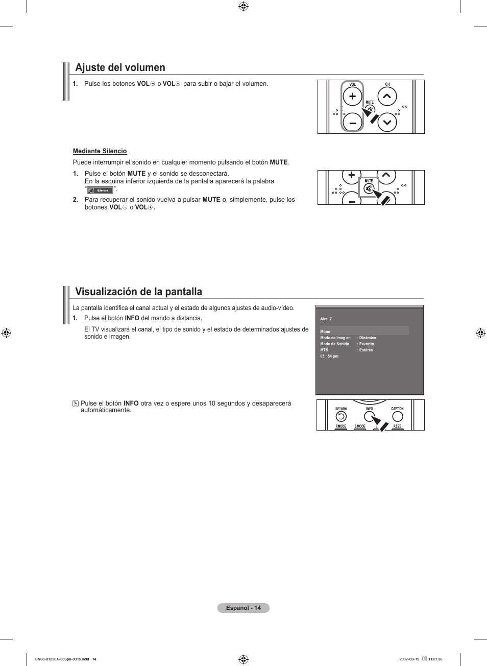 Ajuste del volumen, Visualización de la pantalla | Samsung LNT4032HX-XAA User Manual | Page 92 / 147