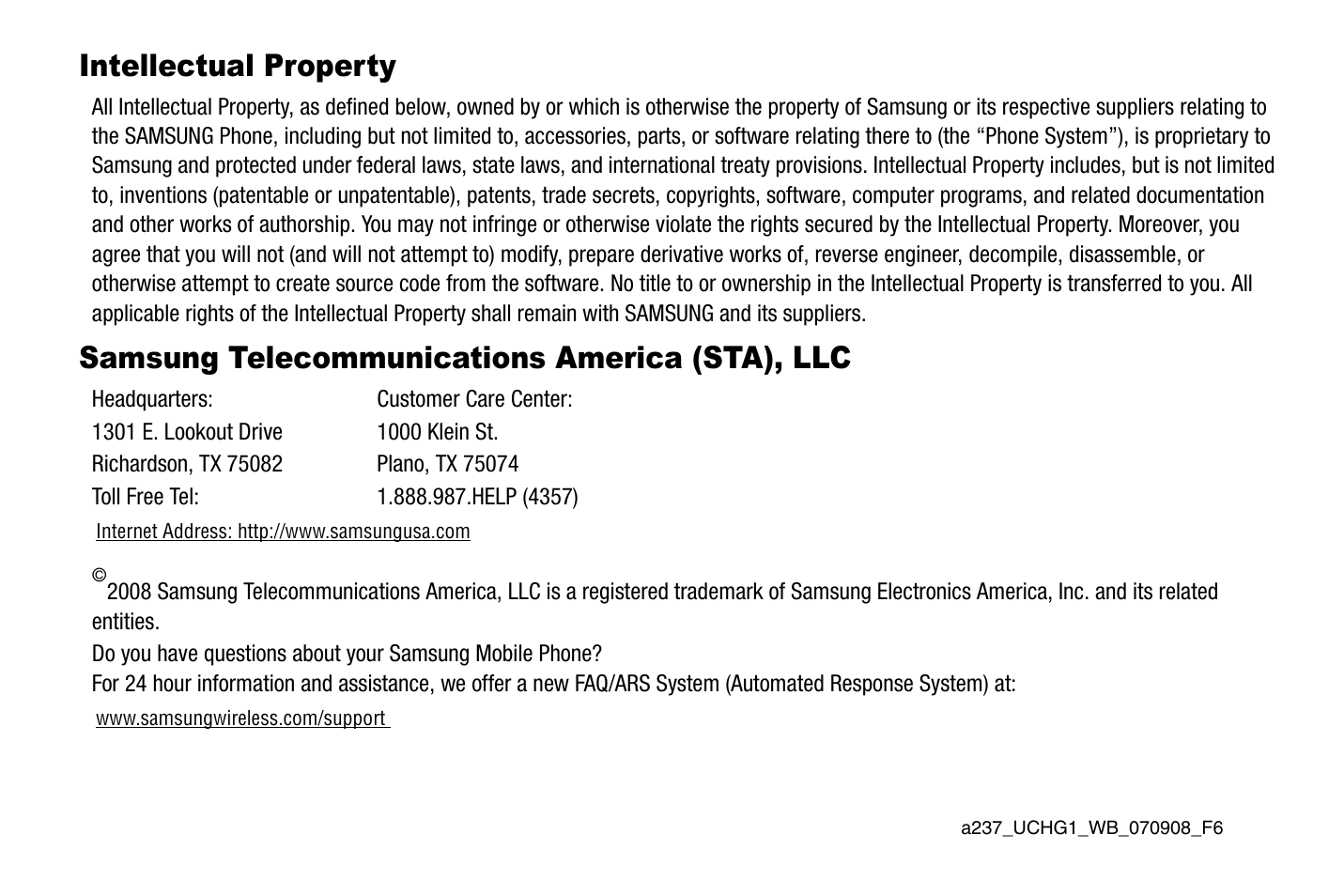 Intellectual property, Samsung telecommunications america (sta), llc | Samsung SGH-A237RKAATT User Manual | Page 2 / 100