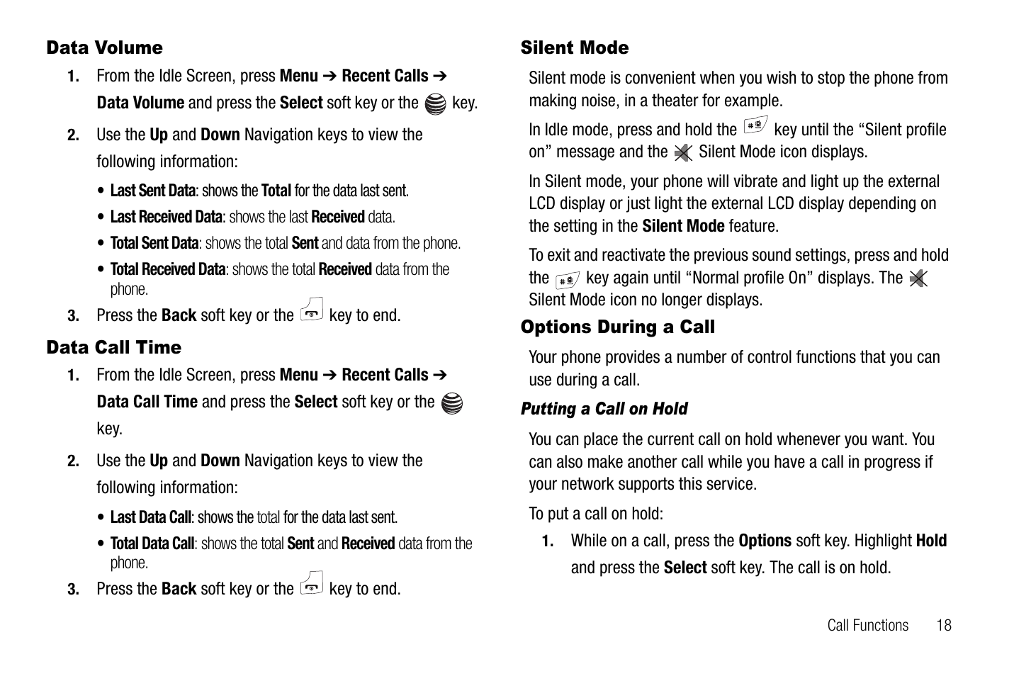 Data volume, Data call time, Silent mode | Options during a call | Samsung SGH-A237RKAATT User Manual | Page 21 / 100