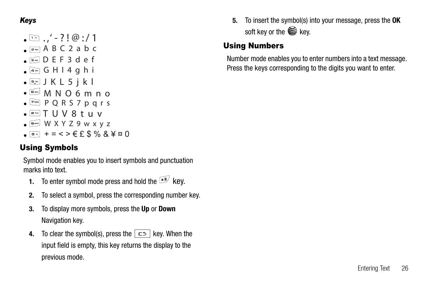 Using symbols, Using numbers, Using symbols using numbers | T u v 8 t u v | Samsung SGH-A237RKAATT User Manual | Page 29 / 100