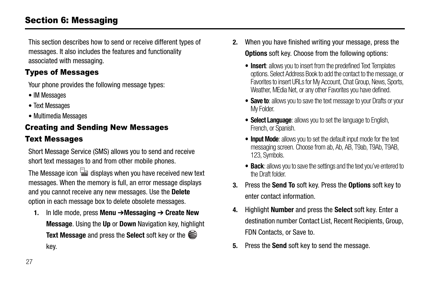 Section 6: messaging, Types of messages, Creating and sending new messages | Text messages | Samsung SGH-A237RKAATT User Manual | Page 30 / 100