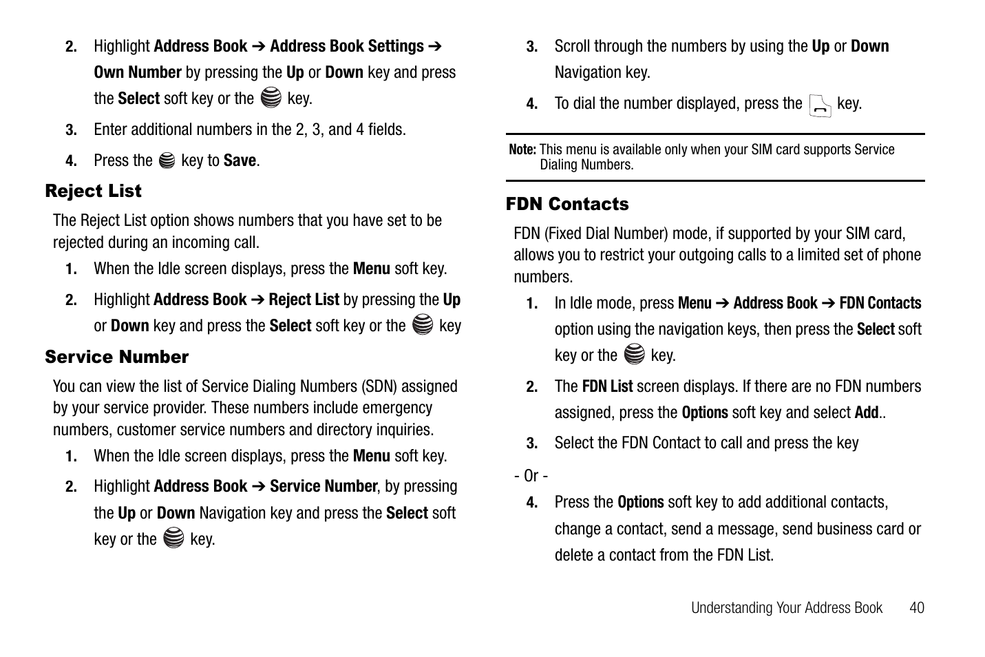 Reject list, Service number, Fdn contacts | Reject list service number fdn contacts | Samsung SGH-A237RKAATT User Manual | Page 43 / 100